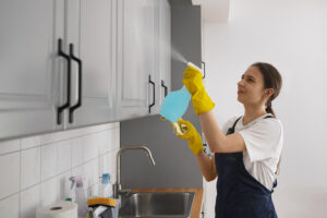 woman staff cleaning kitchen in thane
