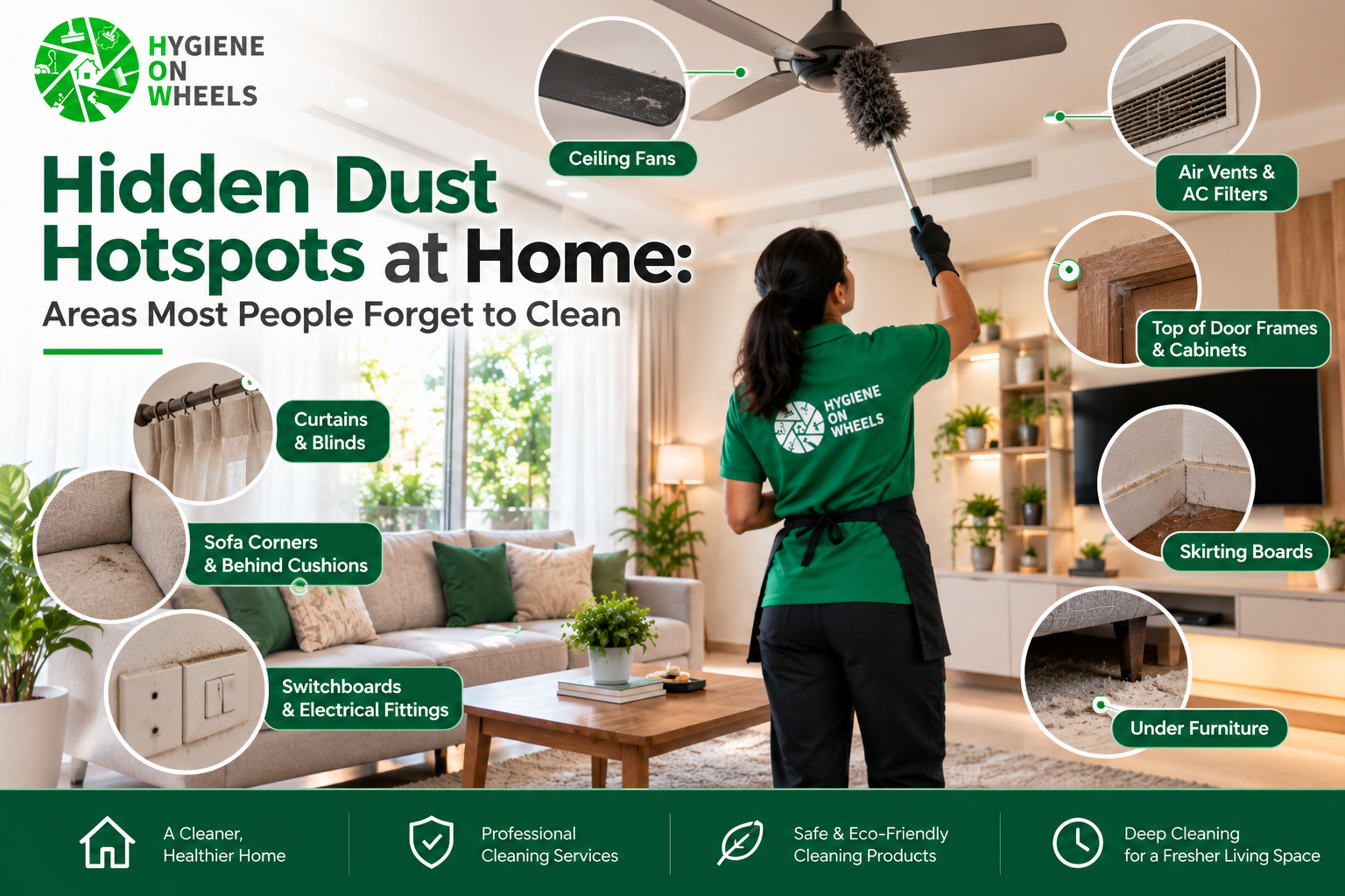 Hidden dust hotspots at home, including ceiling fans, vents, furniture corners and skirting boards