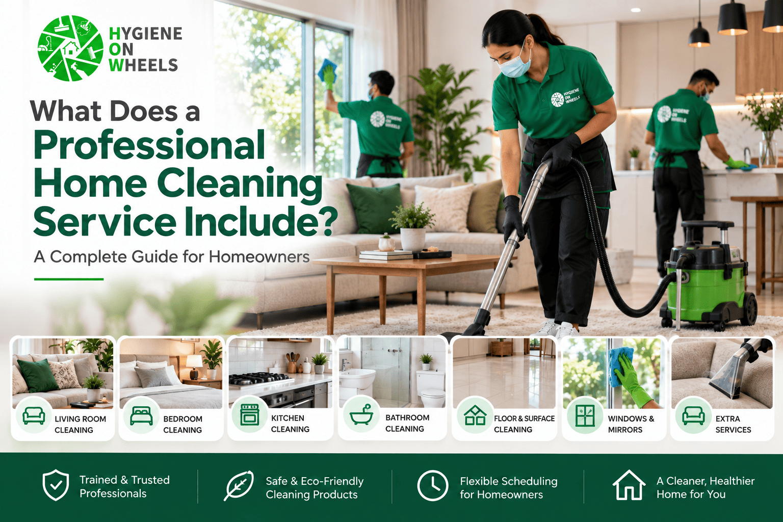 Professional home cleaning service for living rooms, bedrooms, kitchens, bathrooms, floors and windows
