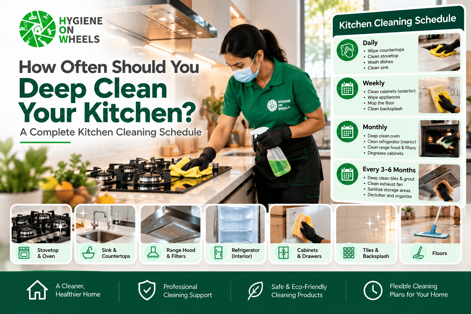 How often to deep clean your kitchen with a complete daily, weekly and monthly kitchen cleaning schedule.